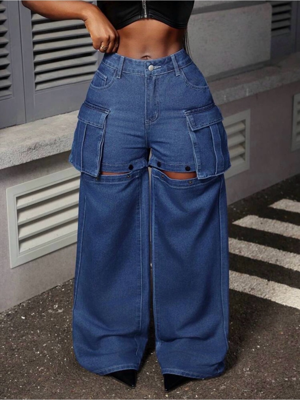 High-Waist Blue Wide-Leg Convertible Cargo Jeans - Women